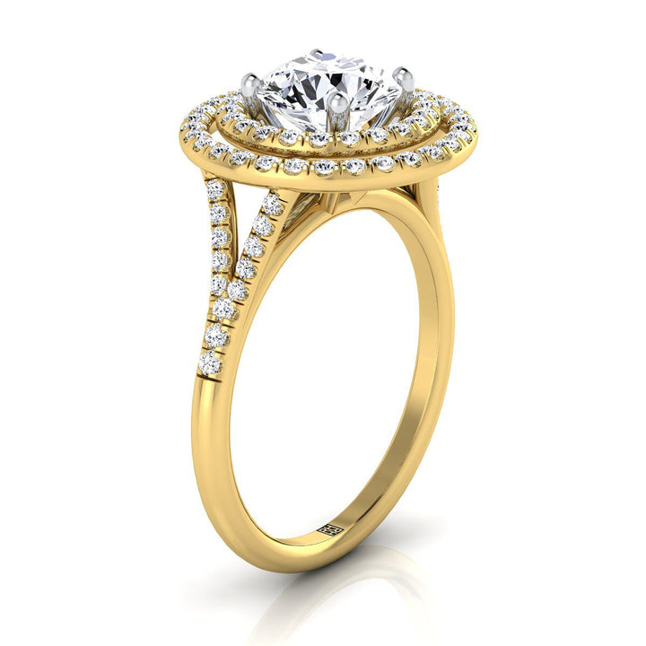 Round Brilliant, Double Halo Split Shank Pavé, in 18K Yellow Gold, pave setting – view 9 | RockHer