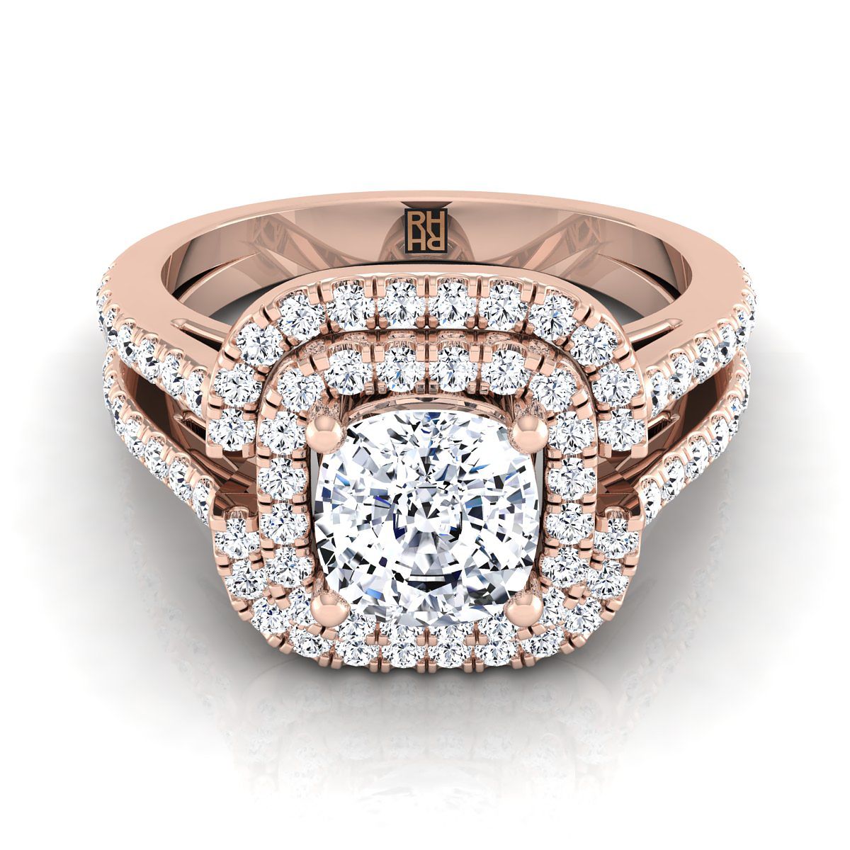 Open Double Row Split Shank Halo Cushion, in 14K Rose Gold, pave setting | RockHer