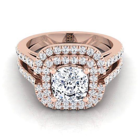 Open Double Row Split Shank Halo Cushion, in 14K Rose Gold, pave setting | RockHer