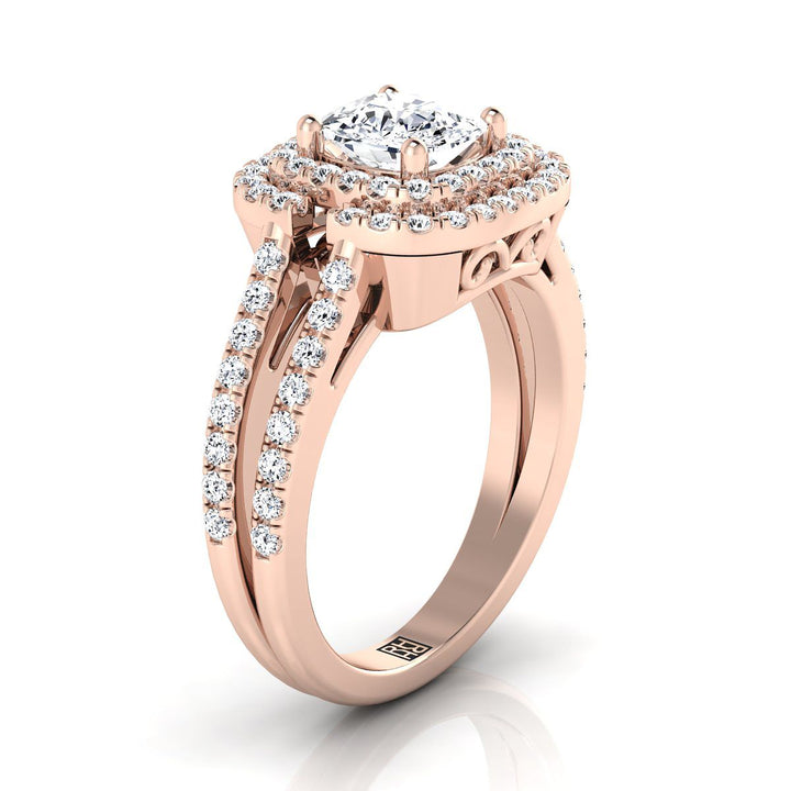 Open Double Row Split Shank Halo Cushion, in 14K Rose Gold, pave setting – side profile | RockHer