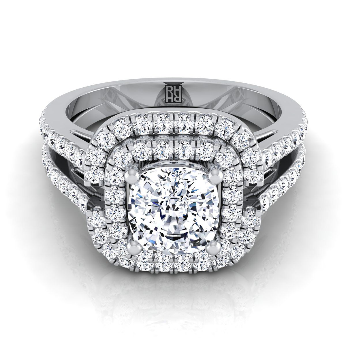 Open Double Row Split Shank Halo Cushion, in 18K White Gold, pave setting | RockHer