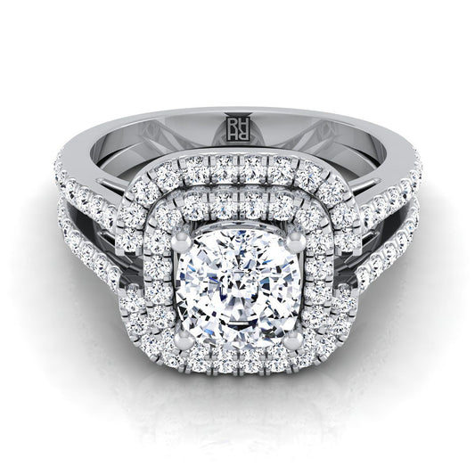 Open Double Row Split Shank Halo Cushion, in 18K White Gold, pave setting | RockHer