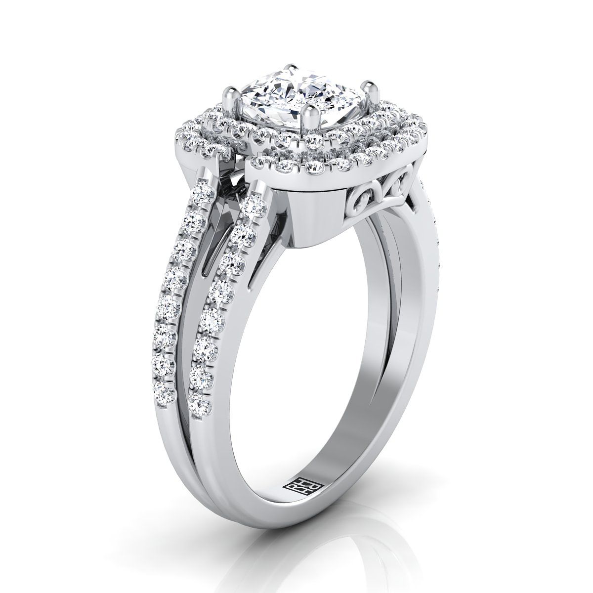 Open Double Row Split Shank Halo Cushion, in 18K White Gold, pave setting – side profile | RockHer
