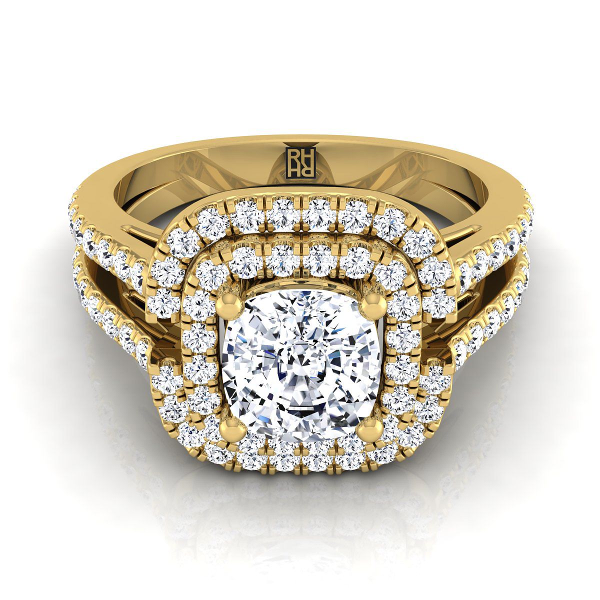 Open Double Row Split Shank Halo Cushion, in 18K Yellow Gold, pave setting | RockHer