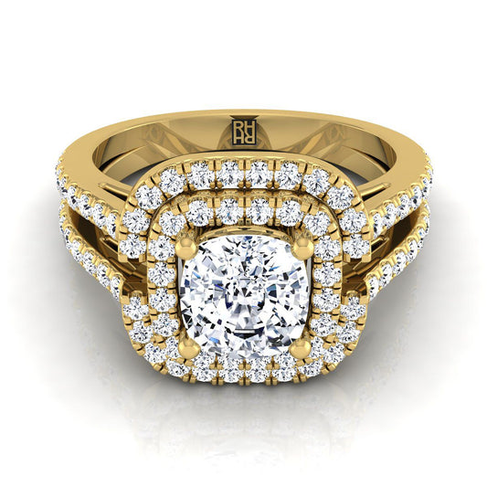 Open Double Row Split Shank Halo Cushion, in 18K Yellow Gold, pave setting | RockHer