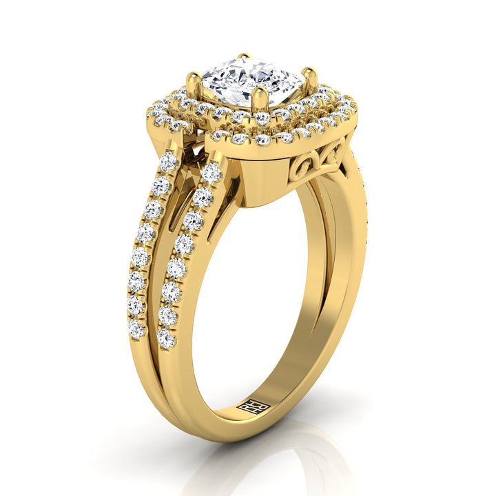 Open Double Row Split Shank Halo Cushion, in 18K Yellow Gold, pave setting – side profile | RockHer