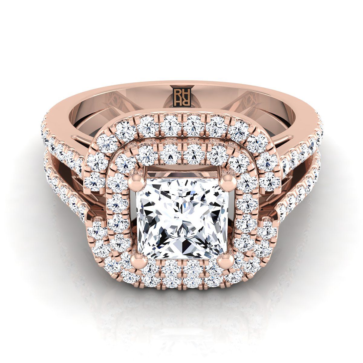 Open Double Row Split Shank Halo Princess, in 14K Rose Gold, pave setting | RockHer