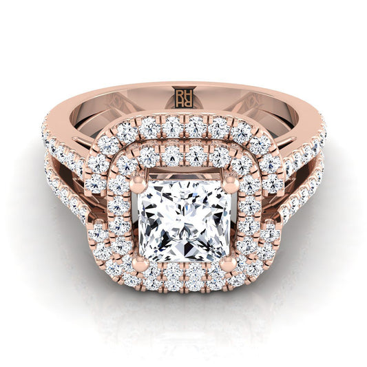 Open Double Row Split Shank Halo Princess, in 14K Rose Gold, pave setting | RockHer