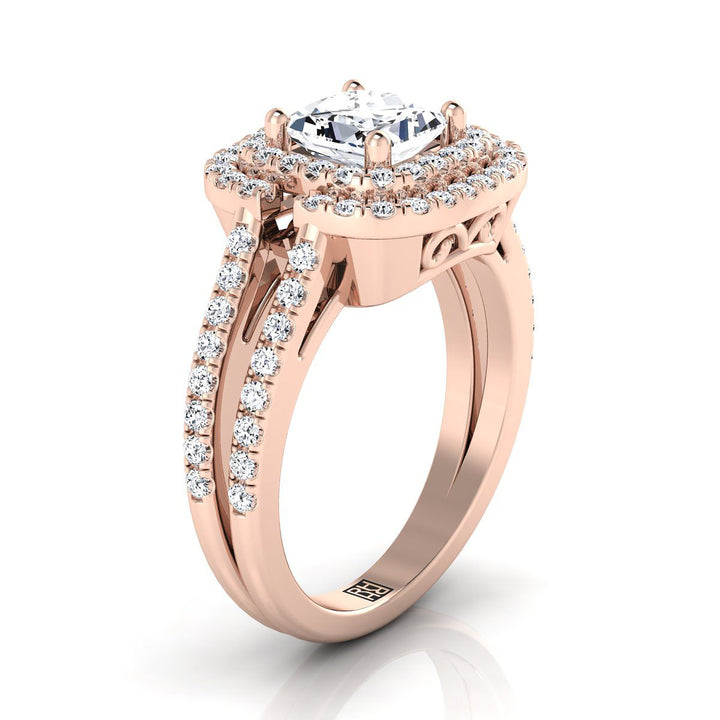 Open Double Row Split Shank Halo Princess, in 14K Rose Gold, pave setting – side profile | RockHer