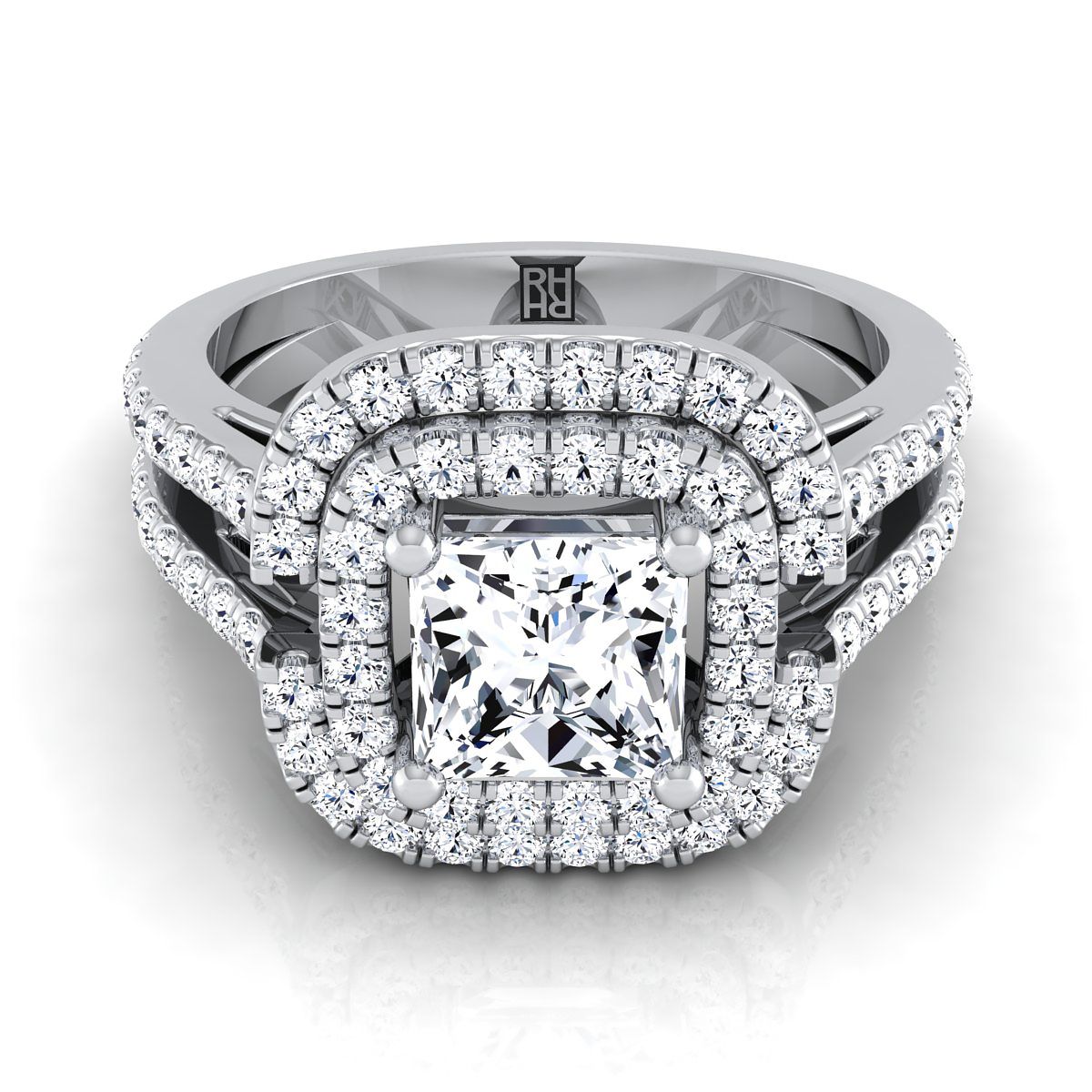 Open Double Row Split Shank Halo Princess, in 18K White Gold, pave setting | RockHer