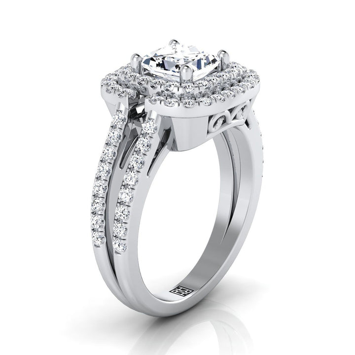 Open Double Row Split Shank Halo Princess, in Platinum, pave setting – side profile | RockHer