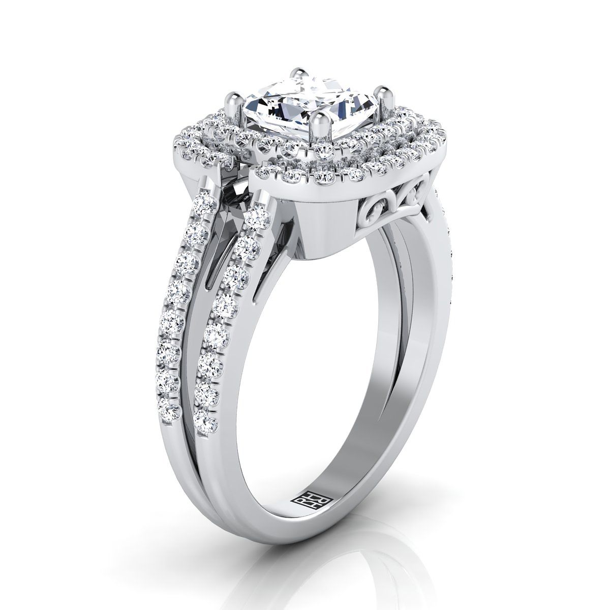 Open Double Row Split Shank Halo Princess, in 18K White Gold, pave setting – side profile | RockHer