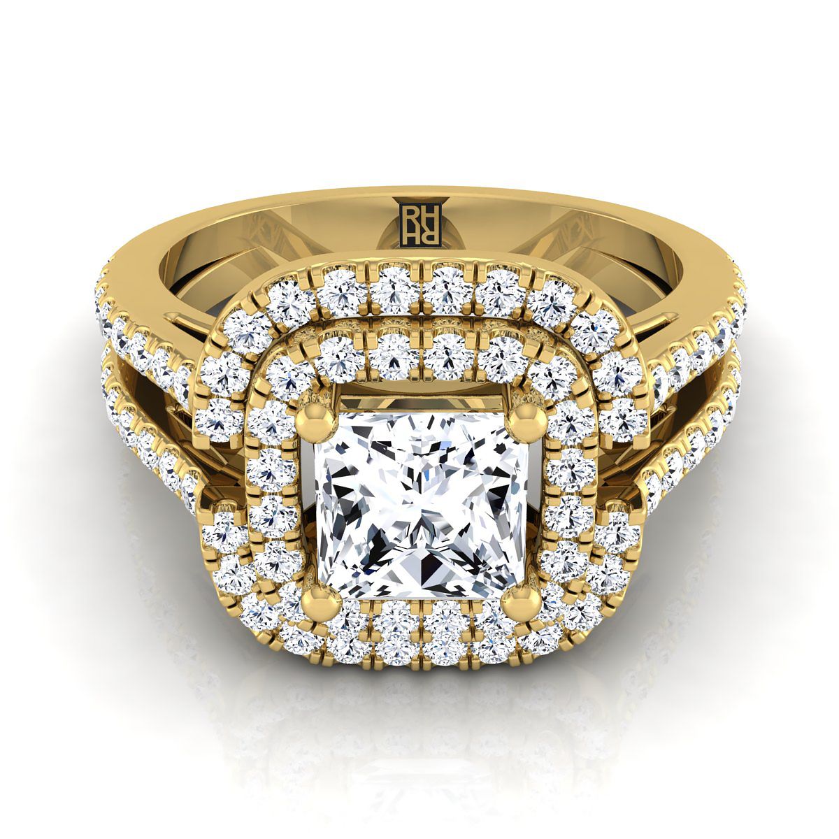 Open Double Row Split Shank Halo Princess, in 18K Yellow Gold, pave setting | RockHer