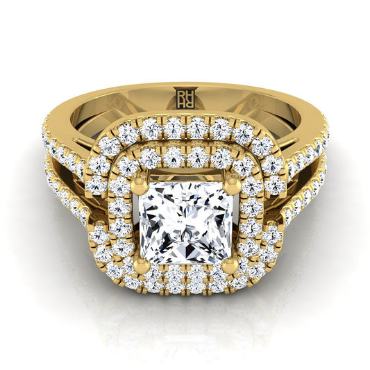 แหวนหมั้นทองคำเหลือง 18K แบบเปิด ประดับเพชรทรงเจ้าหญิงสองแถว แยกชั้นและฮาโล ขนาด 5/8 กะรัตรวม
