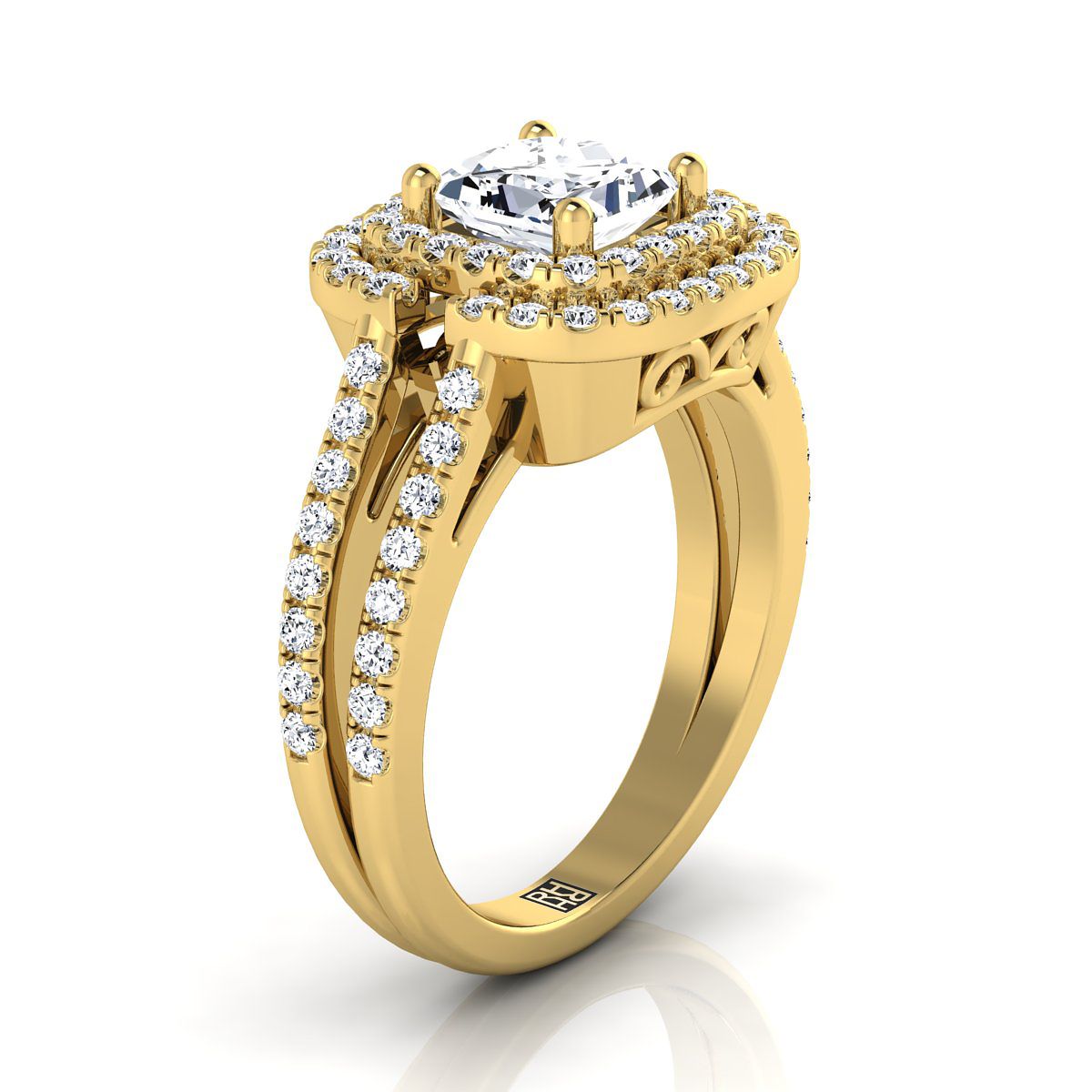 Open Double Row Split Shank Halo Princess, in 18K Yellow Gold, pave setting – side profile | RockHer
