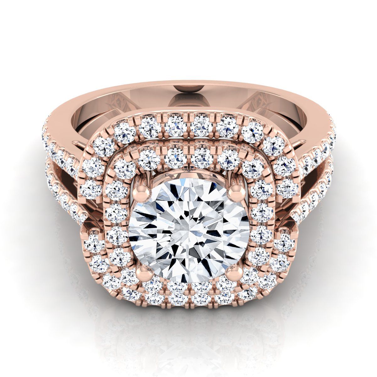Round Brilliant, Open Double Row Split Shank Halo, in 14K Rose Gold, pave setting | RockHer