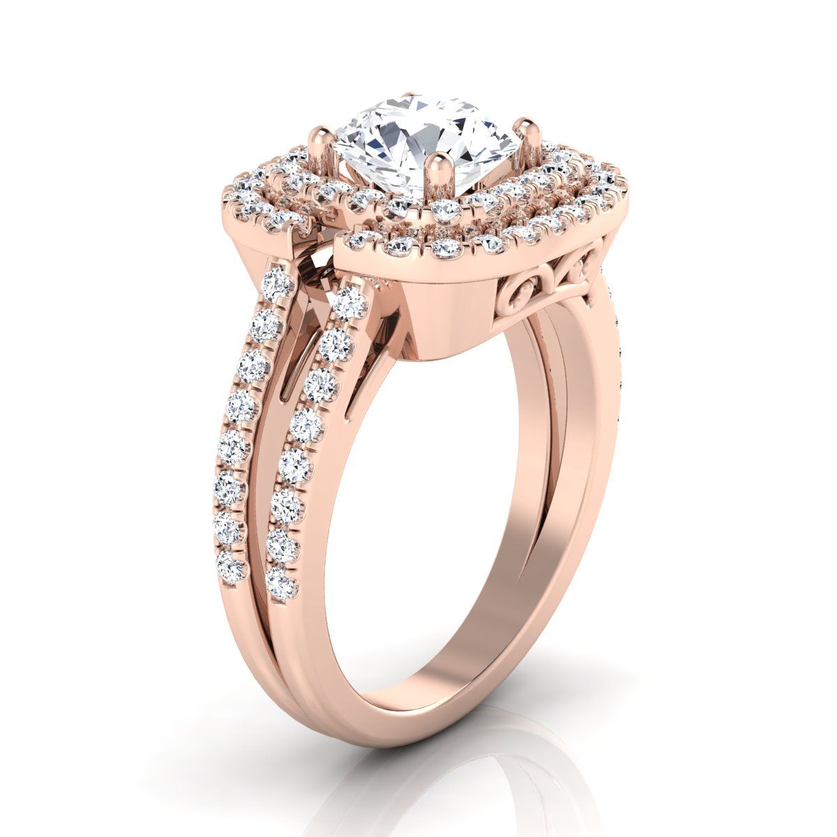 Round Brilliant, Open Double Row Split Shank Halo, in 14K Rose Gold, pave setting – side profile | RockHer