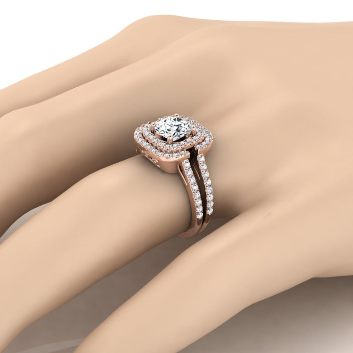 Round Brilliant, Open Double Row Split Shank Halo, in 14K Rose Gold, pave setting – detail view | RockHer