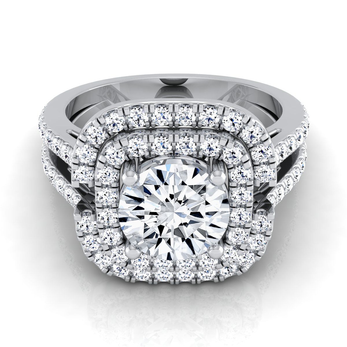 Round Brilliant, Open Double Row Split Shank Halo, in Platinum, pave setting | RockHer