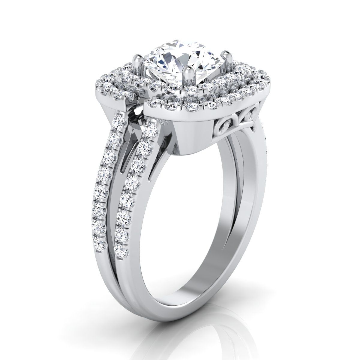 Round Brilliant, Open Double Row Split Shank Halo, in 18K White Gold, pave setting – side profile | RockHer