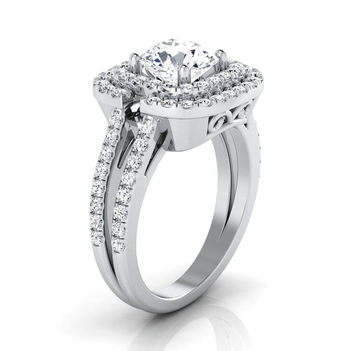 Round Brilliant, Open Double Row Split Shank Halo, in 18K White Gold, pave setting – side profile | RockHer