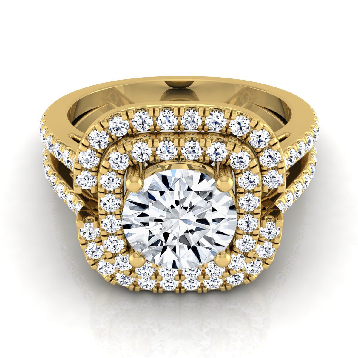 Round Brilliant, Open Double Row Split Shank Halo, in 18K Yellow Gold, pave setting | RockHer