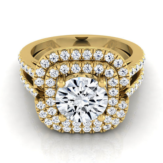 Round Brilliant, Open Double Row Split Shank Halo, in 18K Yellow Gold, pave setting | RockHer