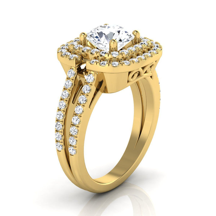 Round Brilliant, Open Double Row Split Shank Halo, in 18K Yellow Gold, pave setting – side profile | RockHer