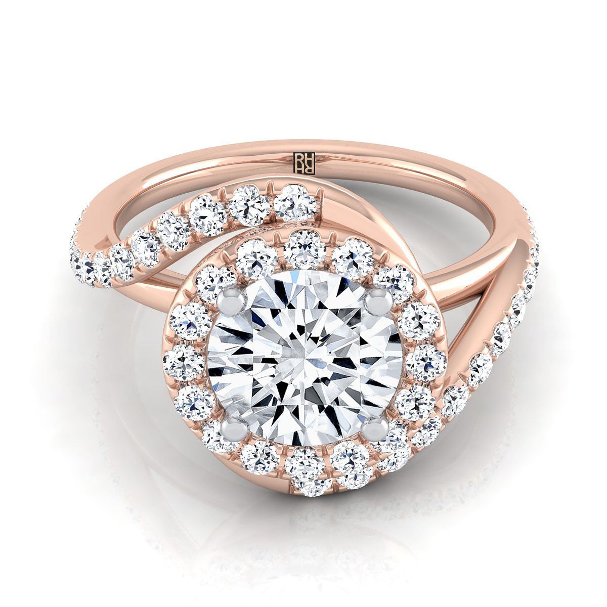 Round Brilliant, Swirl Twist Pavé Halo, in 14K Rose Gold, pave setting – view 8 | RockHer