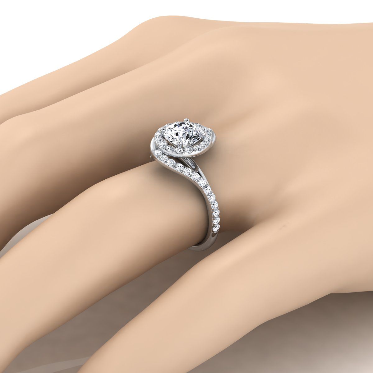 Platinum Round Brilliant Diamond French Pave Swirl Twist Halo Engagement Ring -1/2ctw