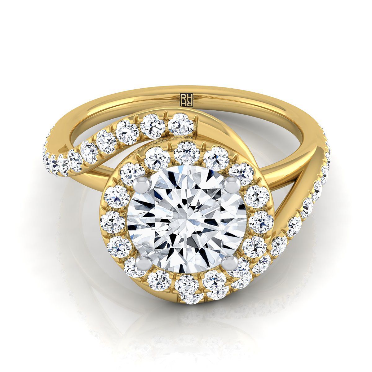 Round Brilliant, Swirl Twist Pavé Halo, in 18K Yellow Gold, pave setting – view 8 | RockHer