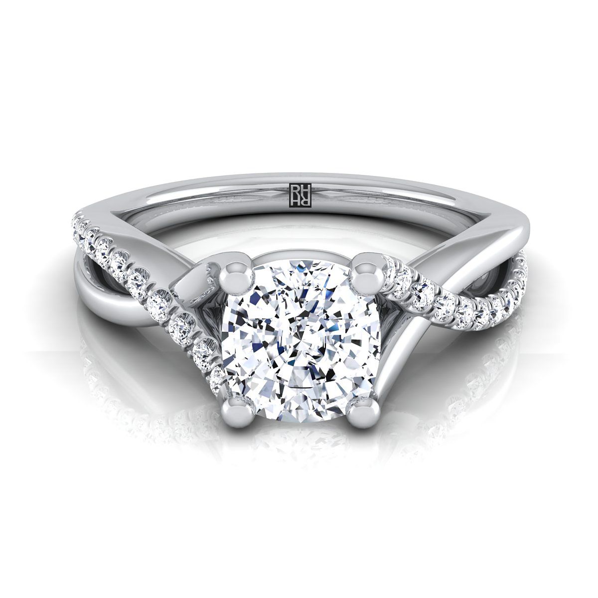 14K White Gold Cushion Bypass Pave Diamond Twist Engagement Ring -1/6ctw