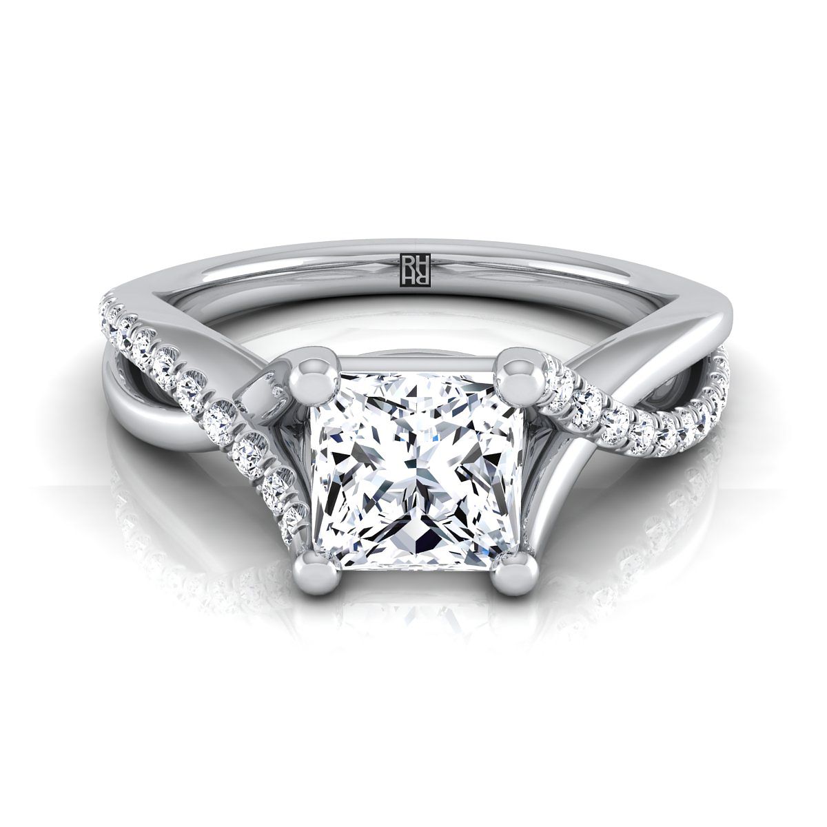 แหวนหมั้นบิดเกลียวประดับเพชรแบบปาเว่ ตัดทรงเจ้าหญิงทองคำขาว 14K - 1/6 กะรัตรวม