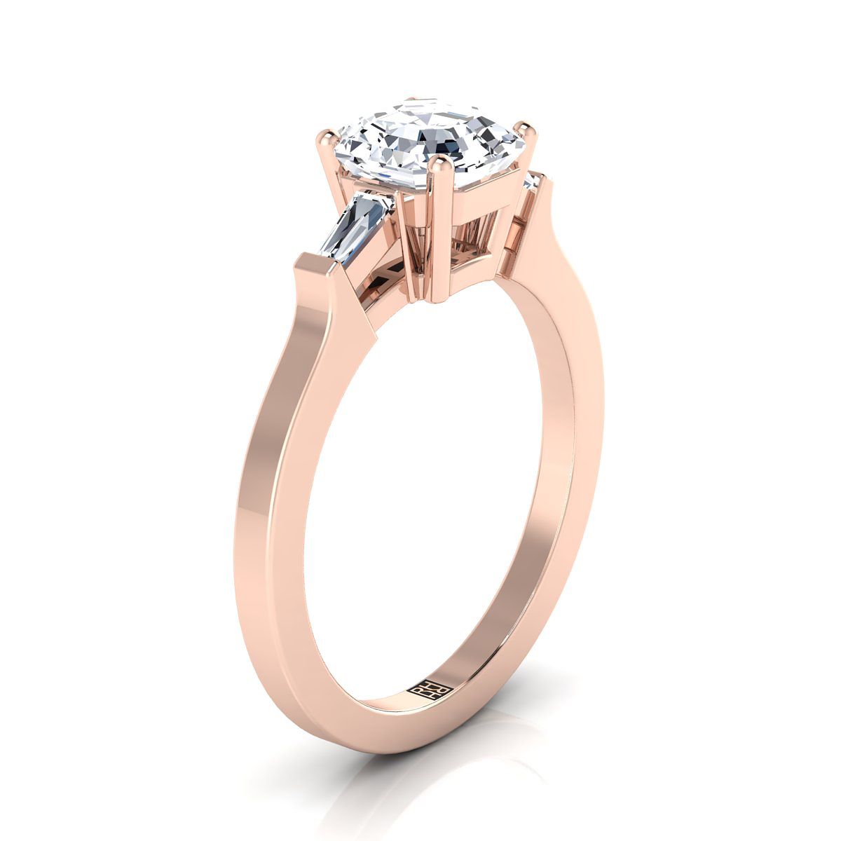 Tapered Baguette Three Stone Asscher, in 14K Rose Gold, channel setting – side profile | RockHer