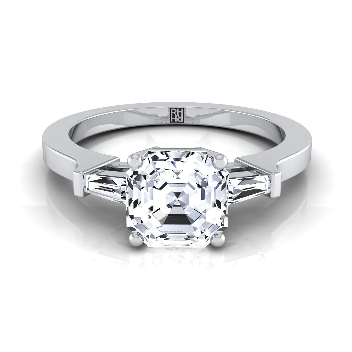 18K White Gold Asscher Cut Diamond Tapered Baguette Accent Engagement Ring -1/4ctw