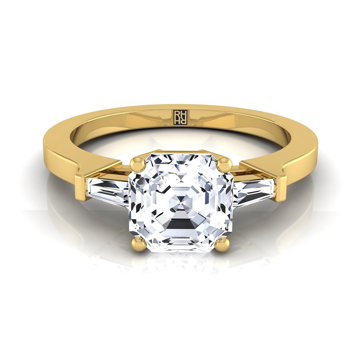 Tapered Baguette Three Stone Asscher, in 18K Yellow Gold, channel setting | RockHer