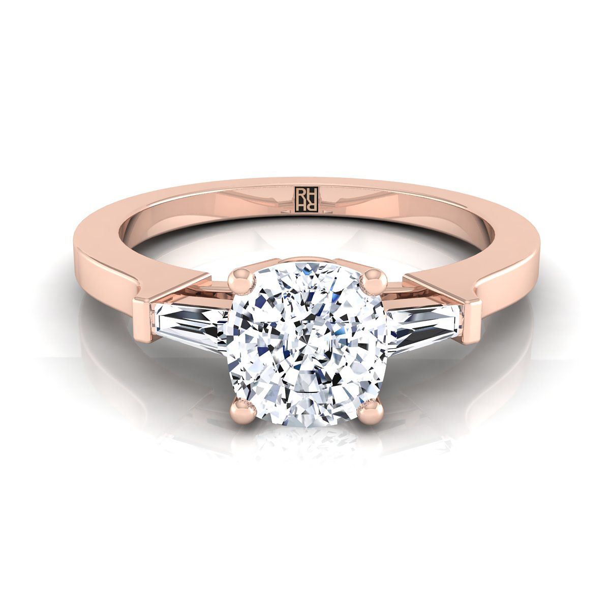 Tapered Baguette Three Stone Cushion, in 14K Rose Gold, channel setting | RockHer