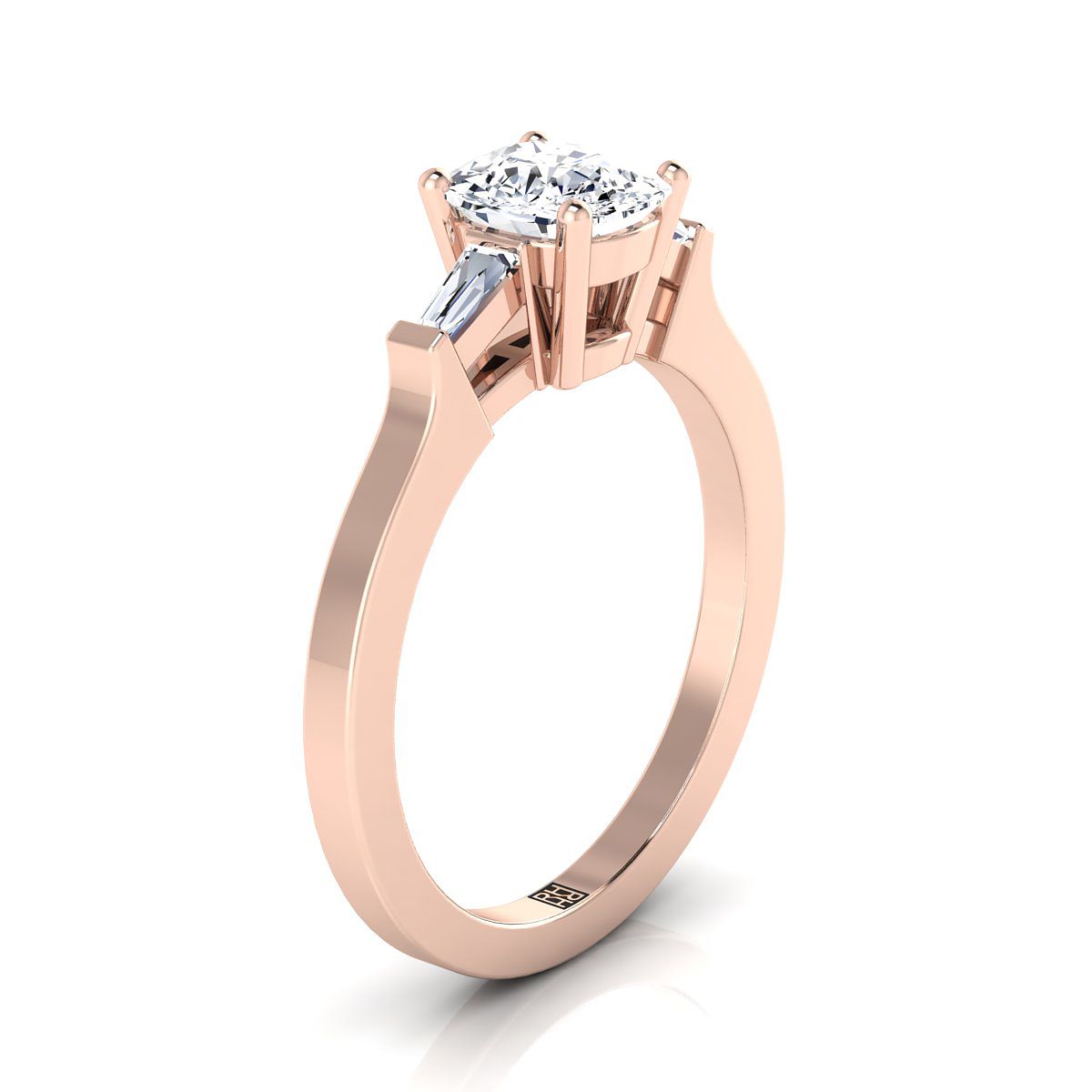 Tapered Baguette Three Stone Cushion, in 14K Rose Gold, channel setting – side profile | RockHer