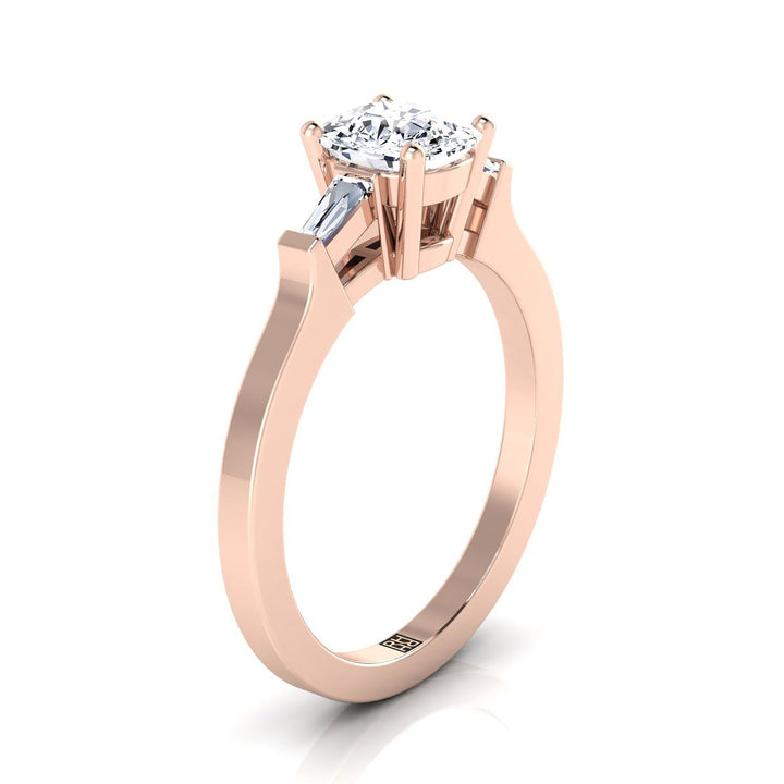 Tapered Baguette Three Stone Cushion, in 14K Rose Gold, channel setting – side profile | RockHer