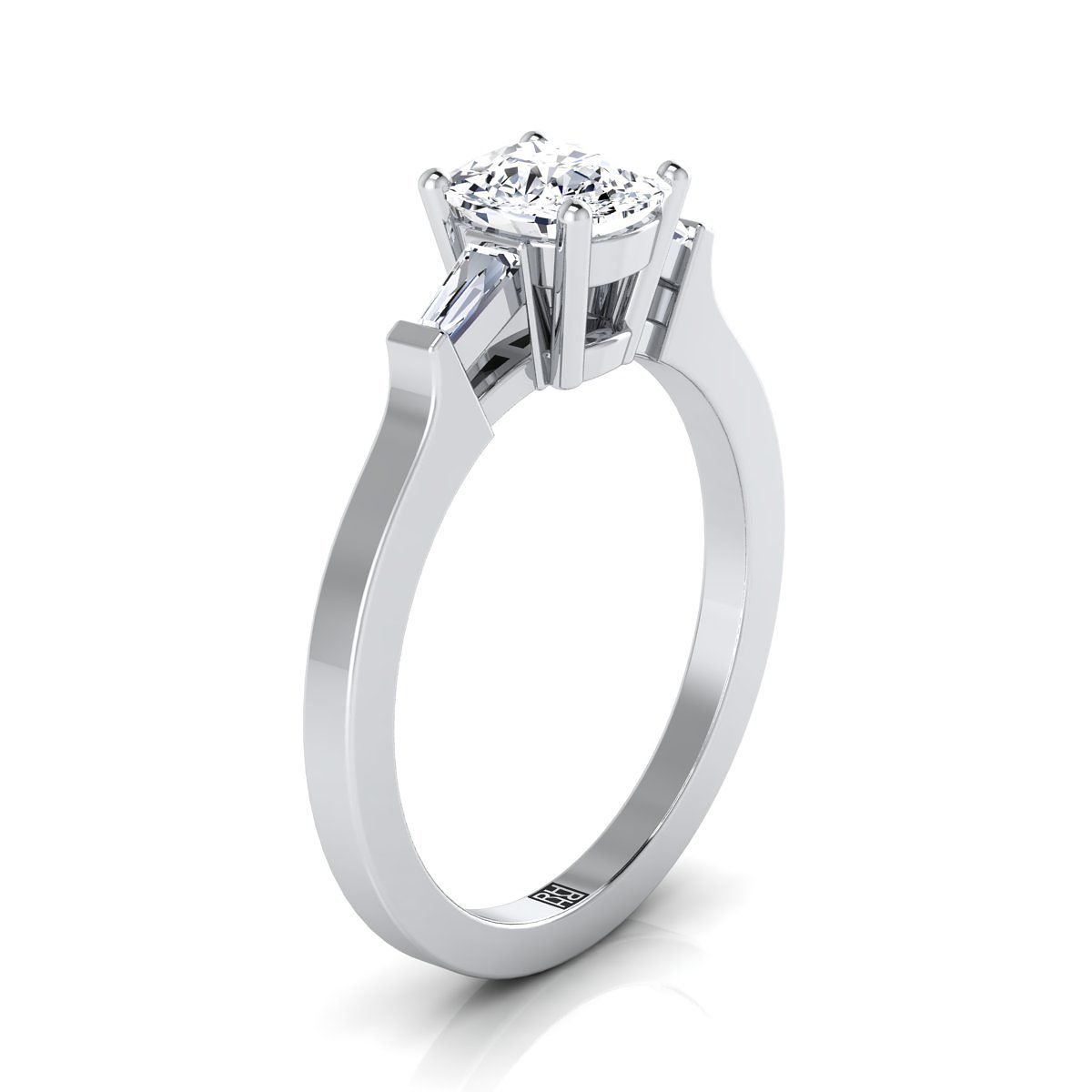 Tapered Baguette Three Stone Cushion, in Platinum, channel setting – side profile | RockHer