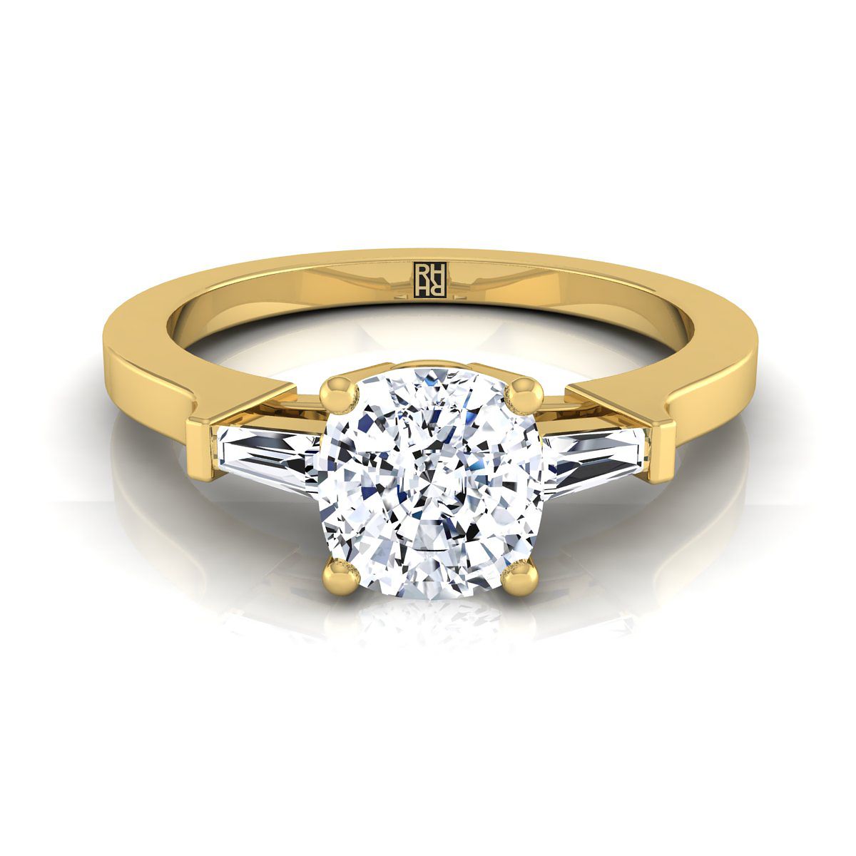 Tapered Baguette Three Stone Cushion, in 18K Yellow Gold, channel setting | RockHer