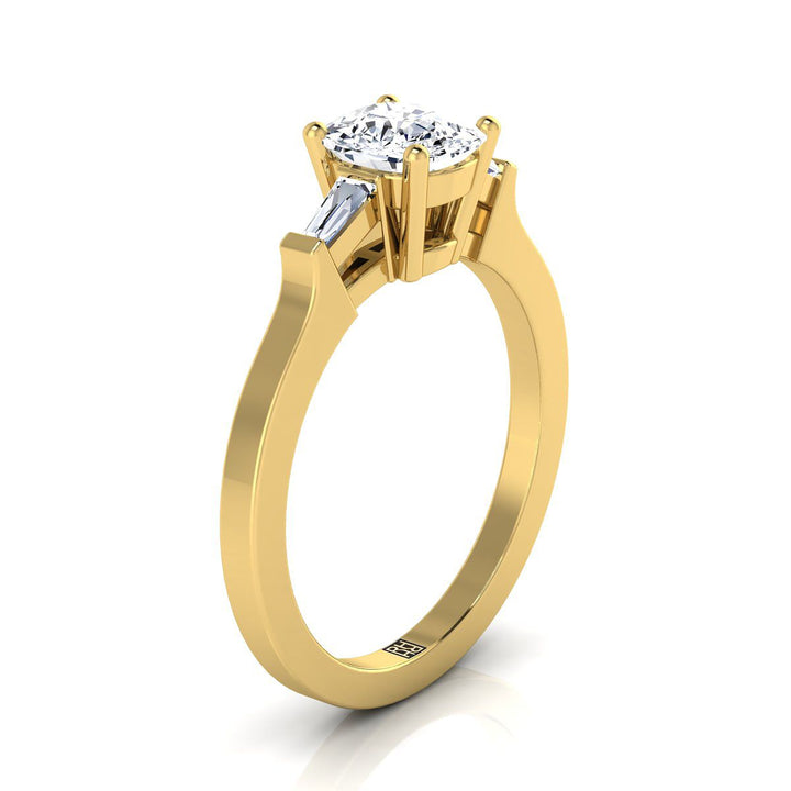 14K Yellow Gold Cushion Diamond Tapered Baguette Accent Engagement Ring -1/4ctw