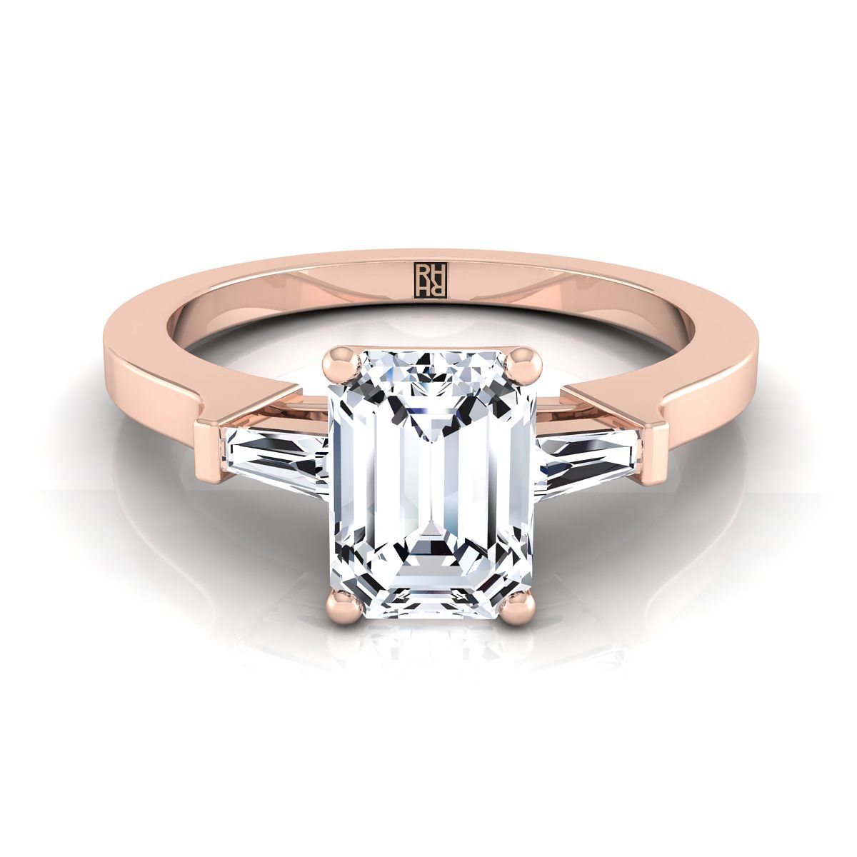 European Cut, Tapered Baguette Three Stone Emerald, in 14K Rose Gold, channel setting | RockHer
