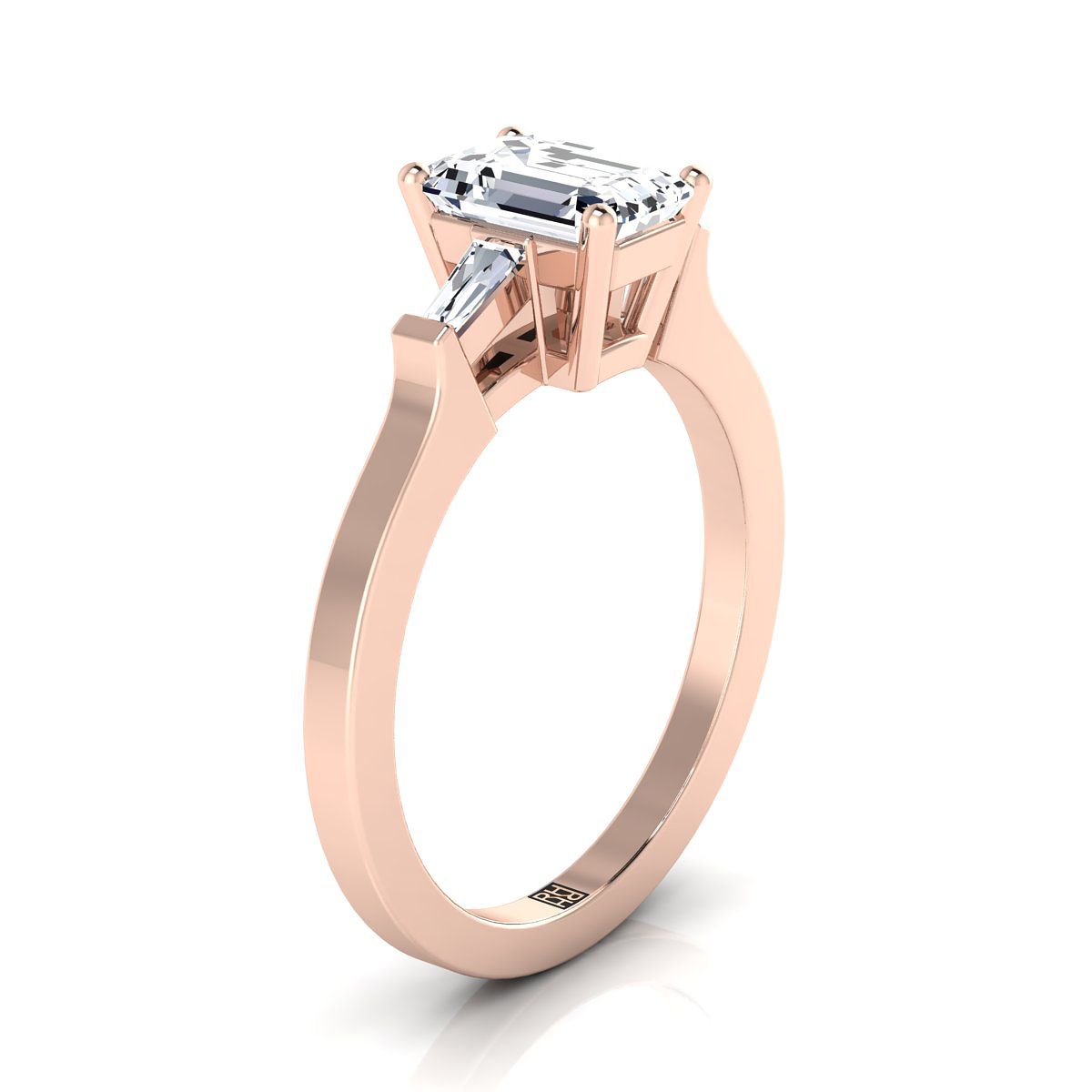 European Cut, Tapered Baguette Three Stone Emerald, in 14K Rose Gold, channel setting – side profile | RockHer