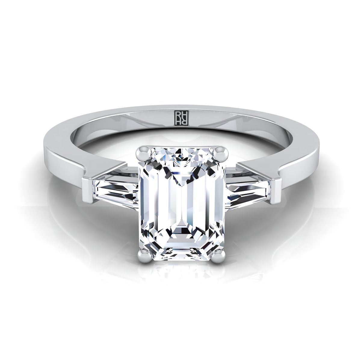 European Cut, Tapered Baguette Three Stone Emerald, in Platinum, channel setting – view 8 | RockHer