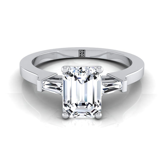 18K White Gold Emerald Cut Diamond Tapered Baguette Accent Engagement Ring -1/4ctw