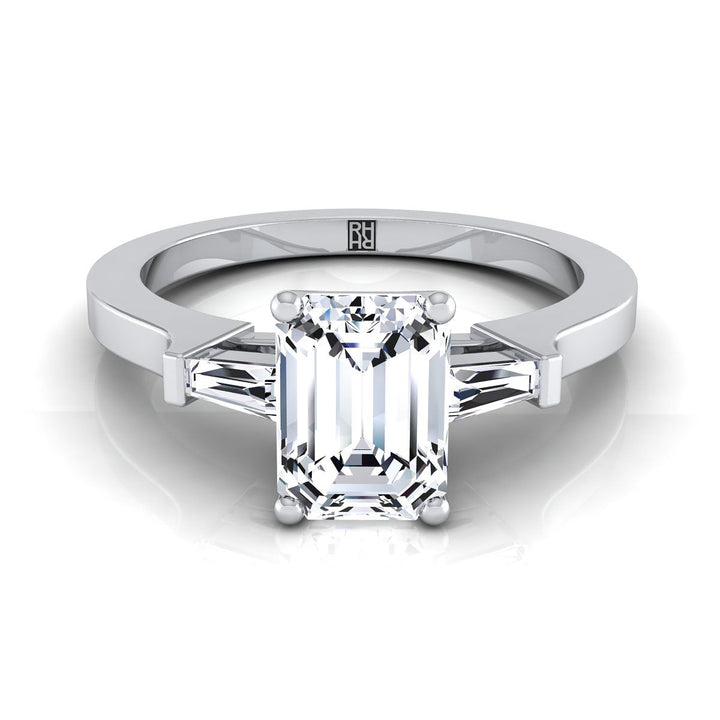 European Cut, Tapered Baguette Three Stone Emerald, in 18K White Gold, channel setting – view 8 | RockHer