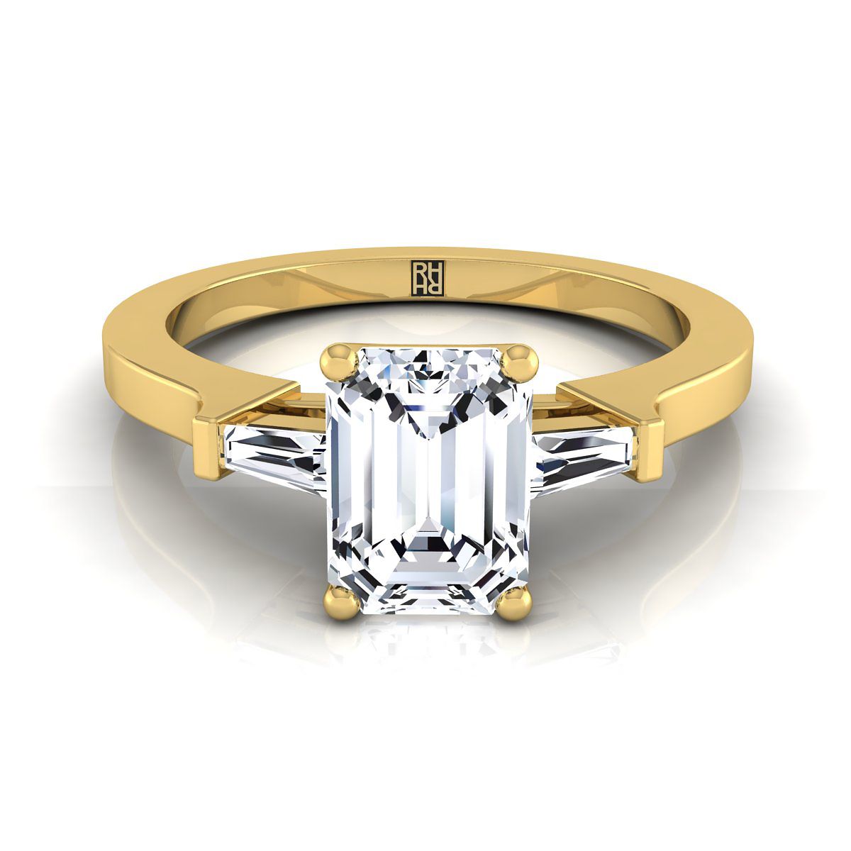 European Cut, Tapered Baguette Three Stone Emerald, in 18K Yellow Gold, channel setting | RockHer