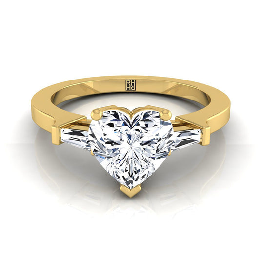 Tapered Baguette Three Stone Heart Shape Engagement Ring Setting in 14K Yellow Gold