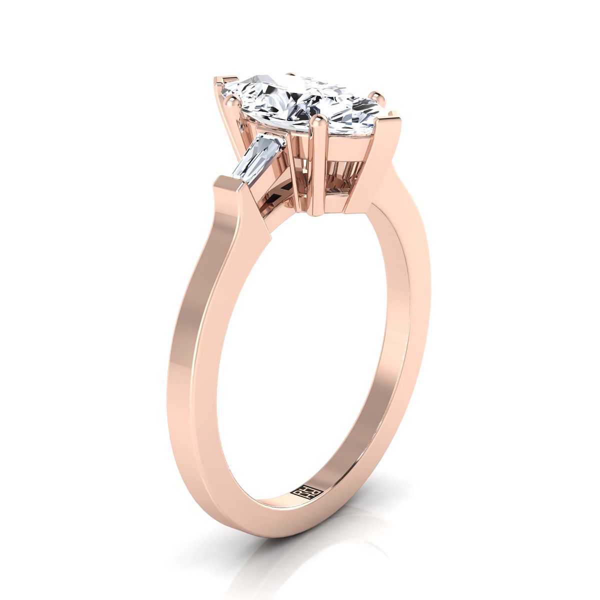 Tapered Baguette Three Stone Marquise, in 14K Rose Gold, channel setting – side profile | RockHer